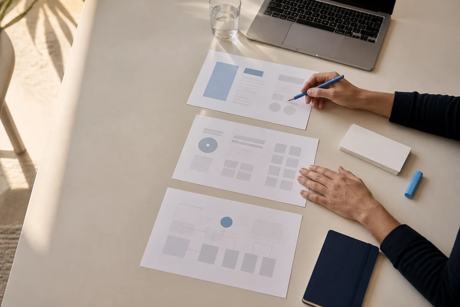Blank website and channel review sheets being organised on a desk